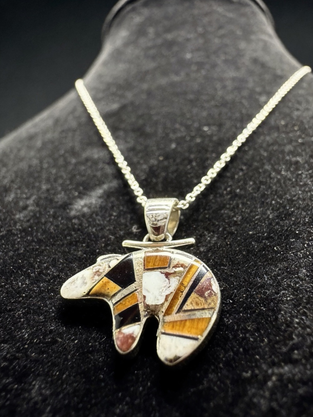 Handcrafted Inlay Bear Pendant Necklace - Multicolor Gold-Tone